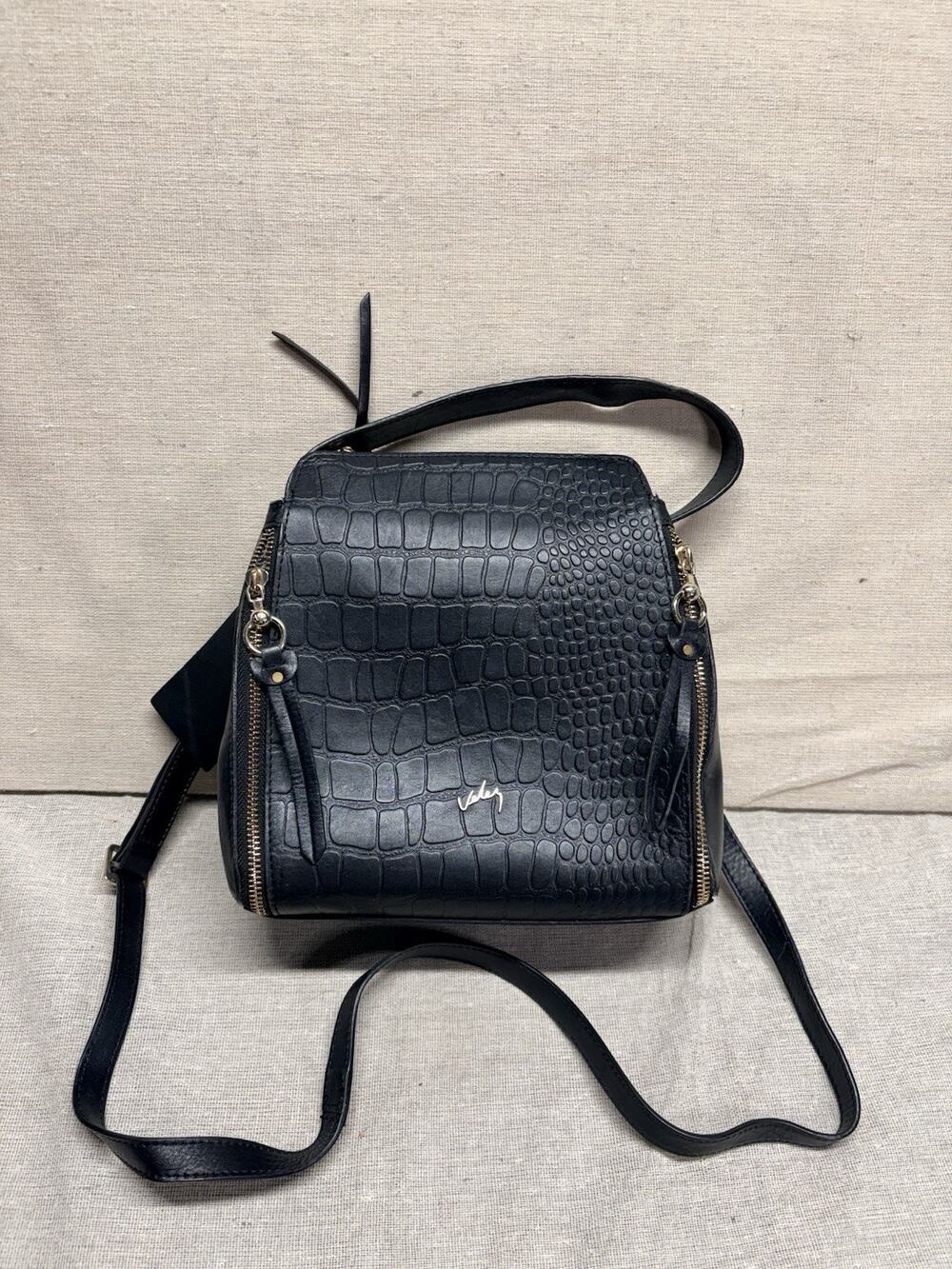 VELEZ Black Croc Embossed Leather Crossbody Bag Libertad 2.0 Gold Zip Gusset